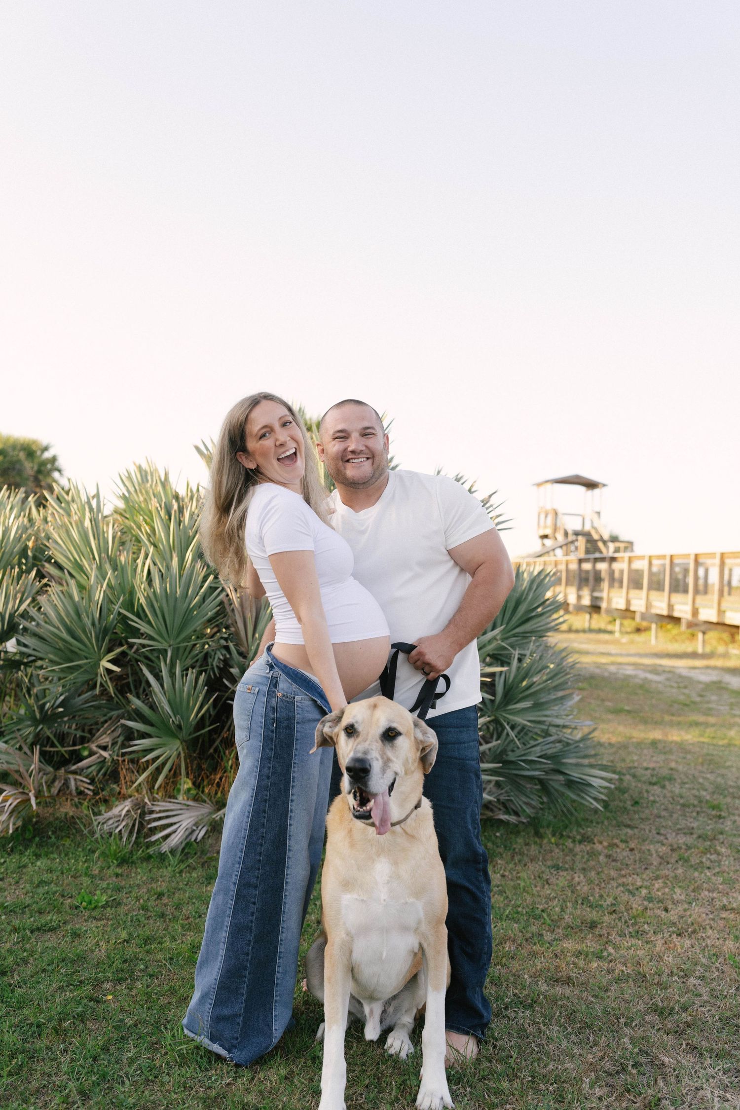 Happy pregnant couple laughing outdoors with yellow Labrador dog, green plants and wooden structure in background.