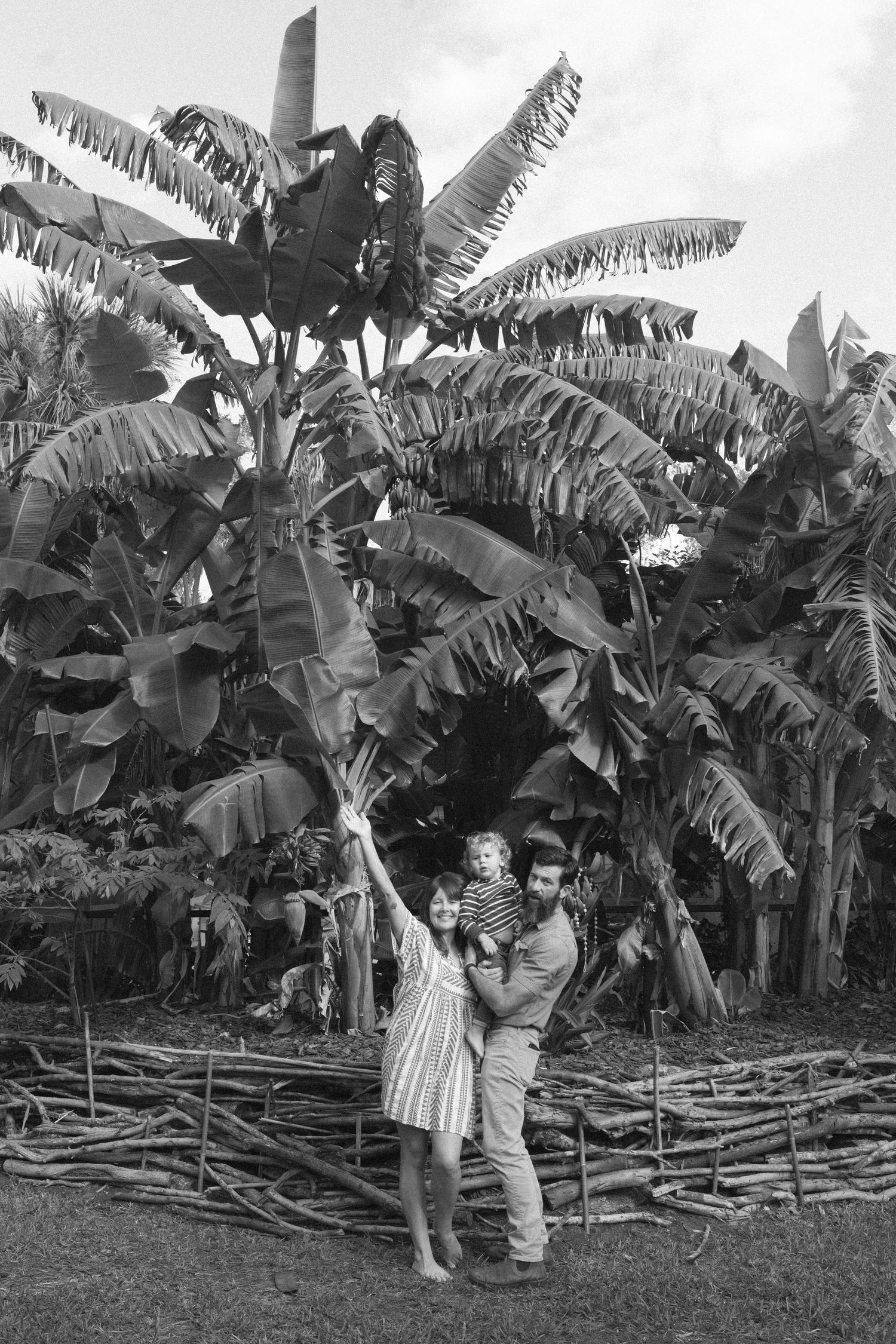 Black and white photograph of two people standing by tall banana trees in a tropical garden setting.
