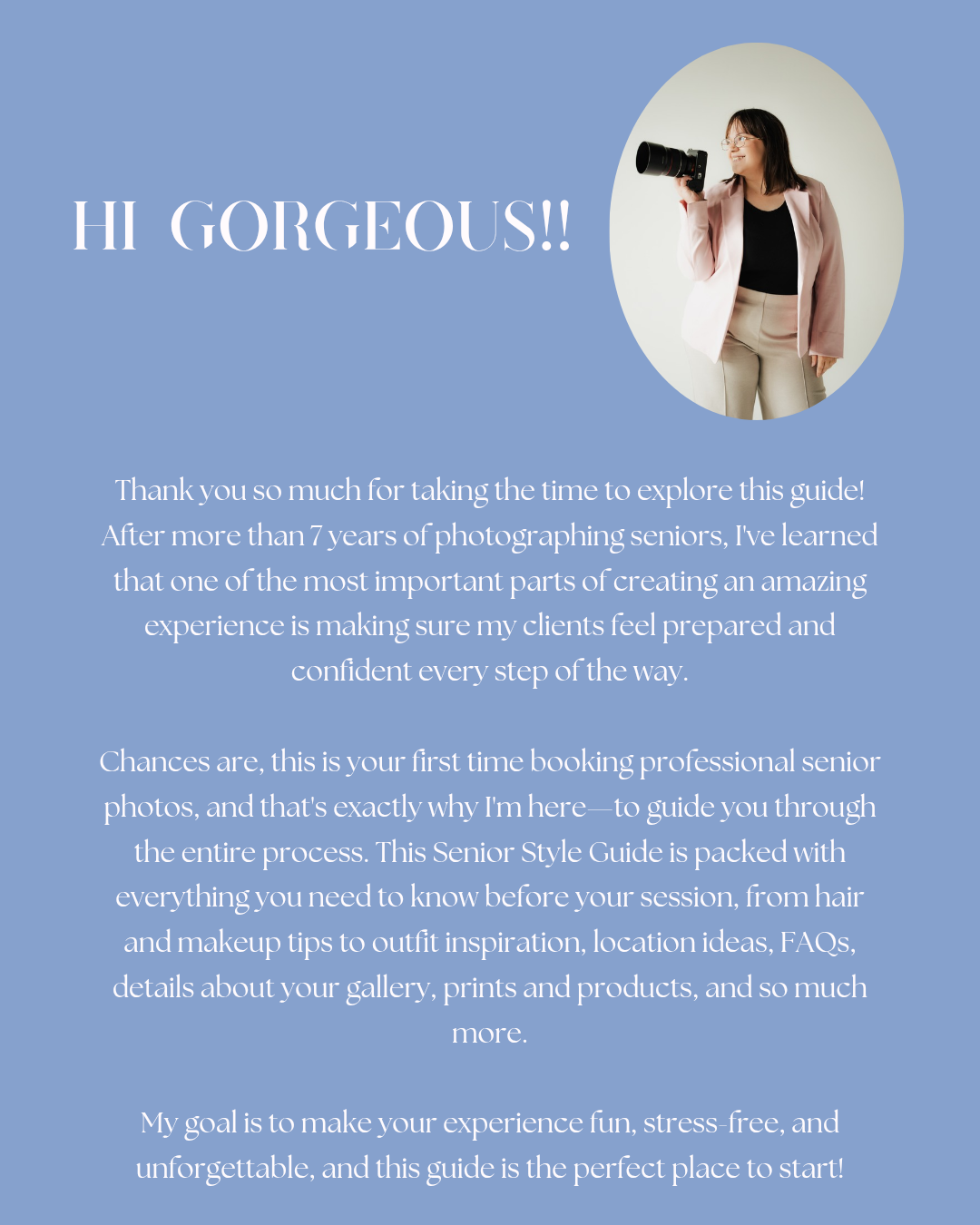 A senior photography style guide with a woman holding a camera, featuring tips on hair, makeup, outfits, and locations.