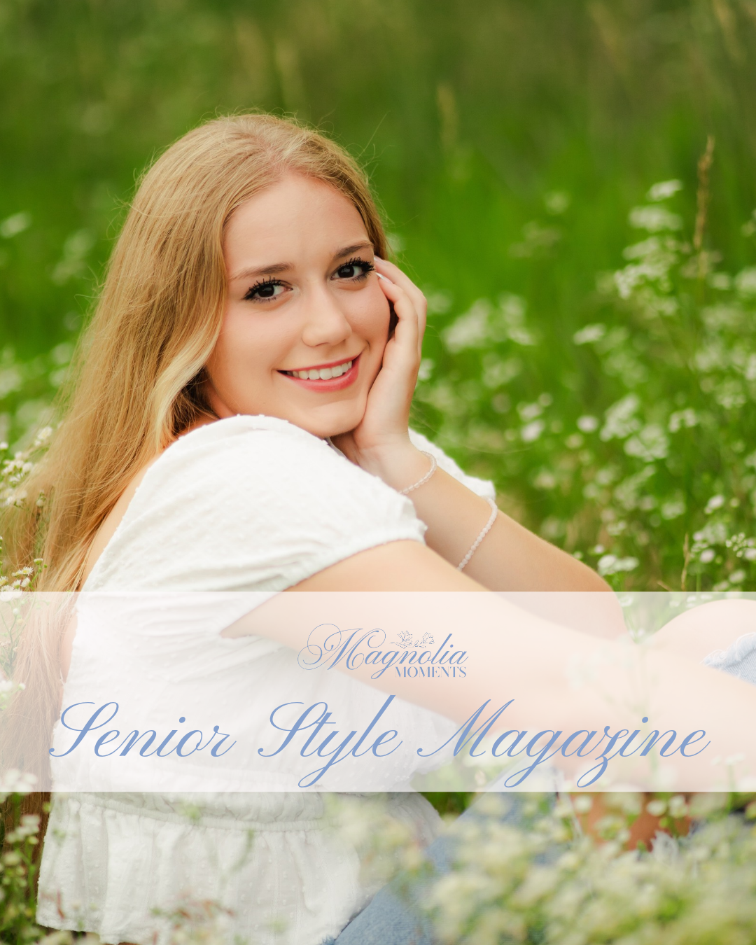 Young blonde woman smiling in a wildflower field, featured on Magnolia Moments Senior Style Magazine cover.