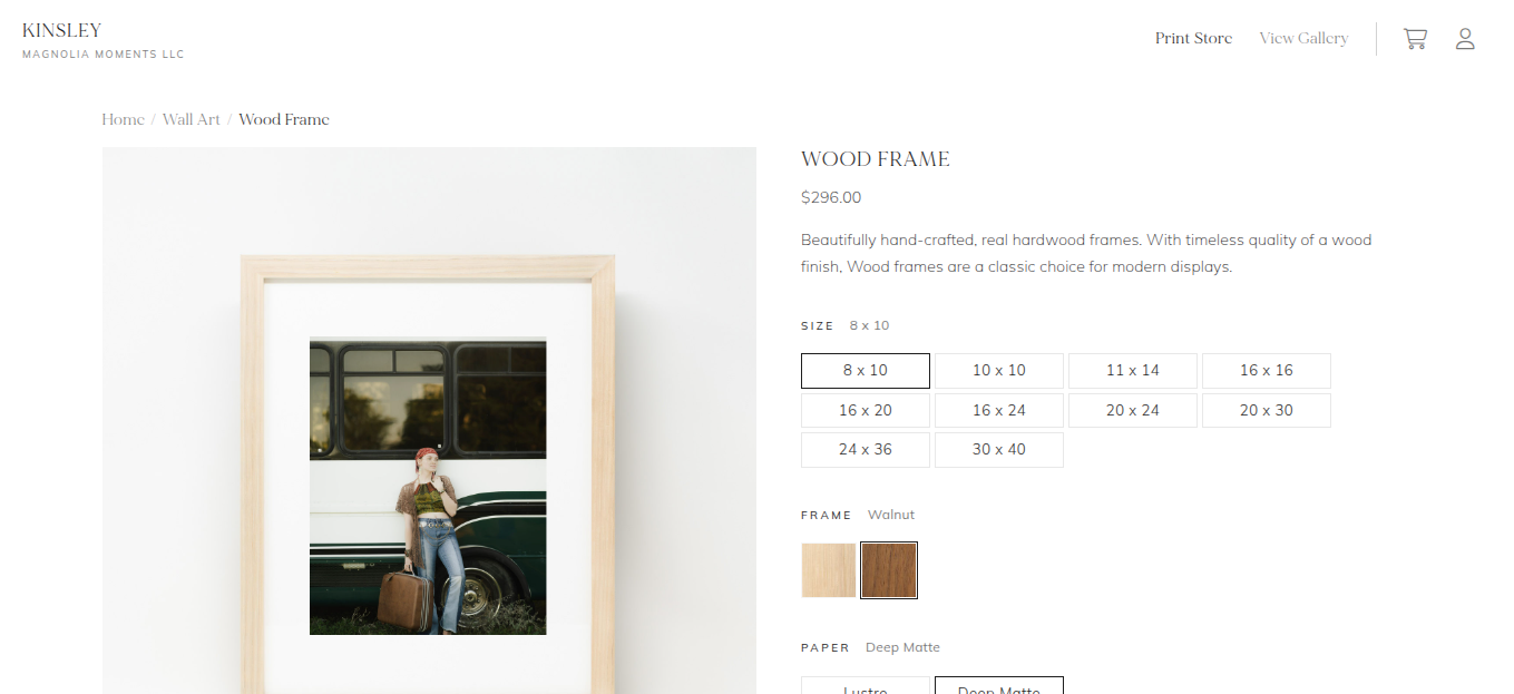 Woodgrain picture frame product page showing sizes and frame options for fine art photography prints.