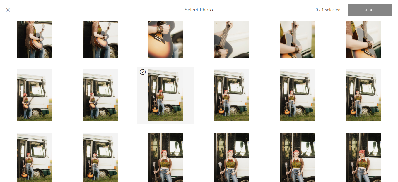 Photo selection interface showing a grid of images from a outdoor portrait photography session.