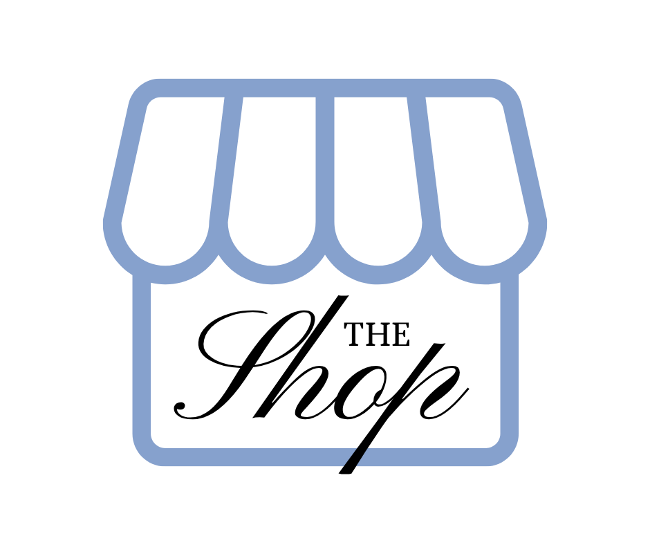 The Shop logo featuring a storefront icon with a striped awning in blue and white.