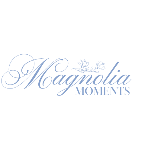 Magnolia Moments elegant blue script wedding photography logo with magnolia flower illustration.