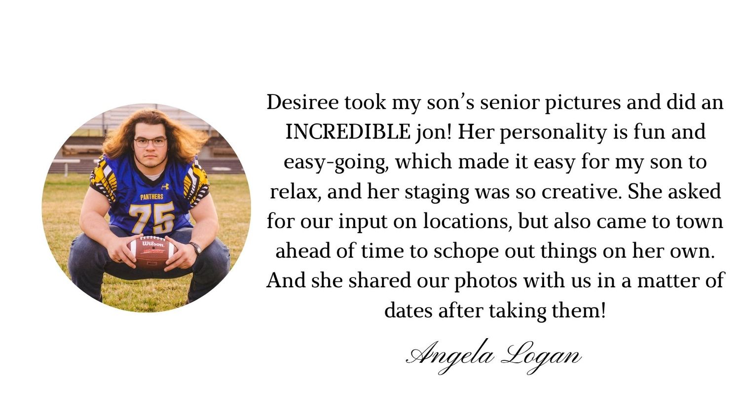 Teen football player in blue and gold jersey number 75 poses for senior portrait with glowing testimonial review overlay.