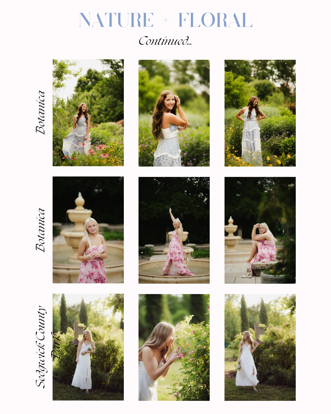 Nine senior portrait photos of young women in white and floral dresses posed in lush garden settings with fountains.