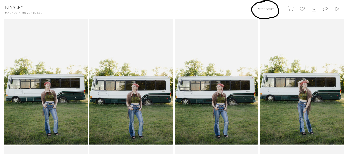 Photography gallery page showing four sequential images of a woman posing near a vintage bus.