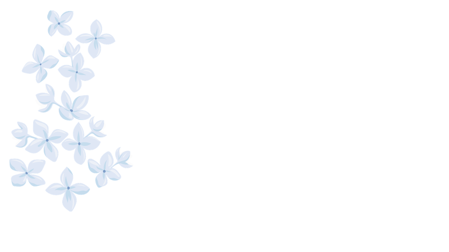 Delicate light blue watercolor flowers scattered on white background, floral border design.