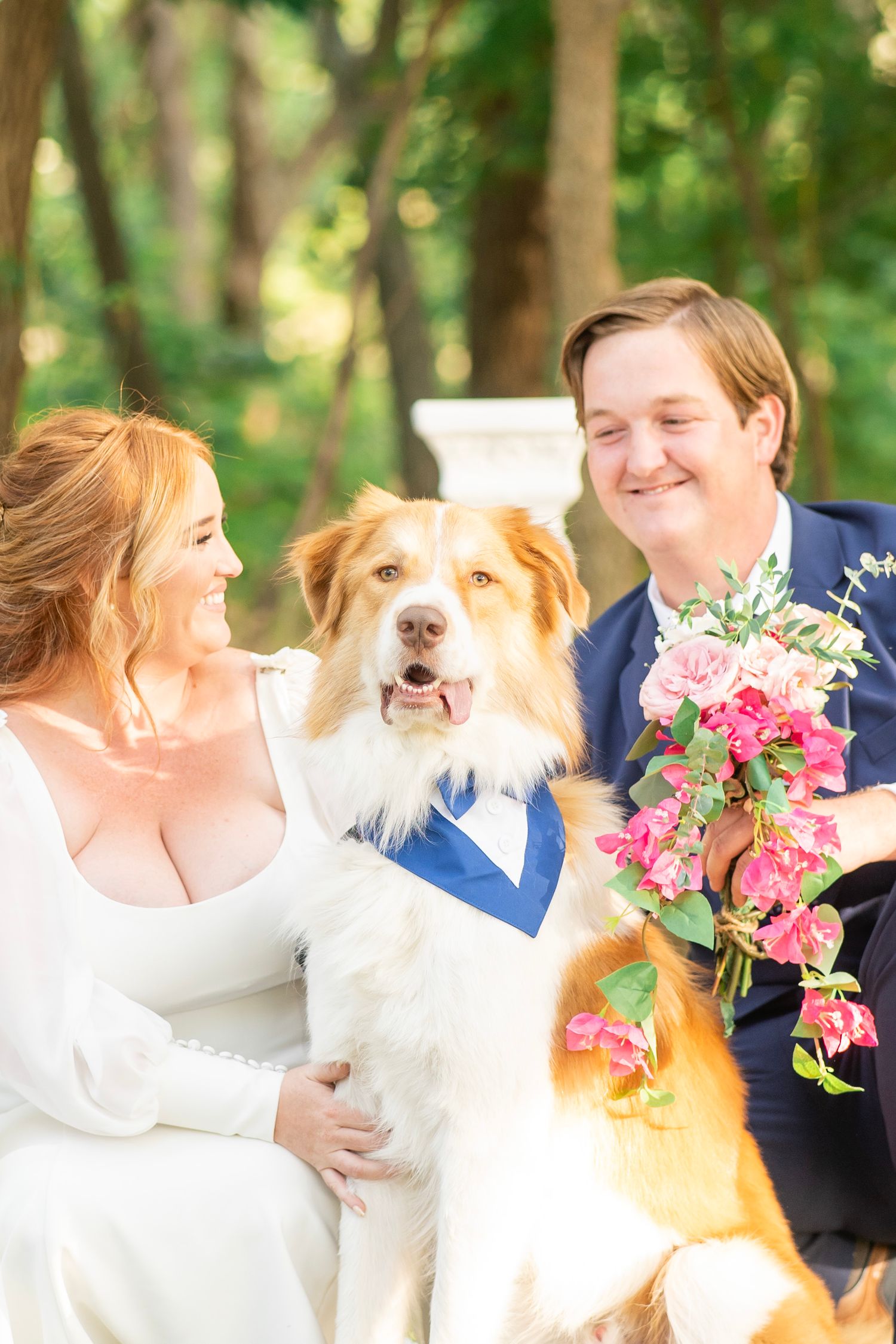 Happy newlyweds posing with their Australian Shepherd dog wearing blue bandana at outdoor wedding.