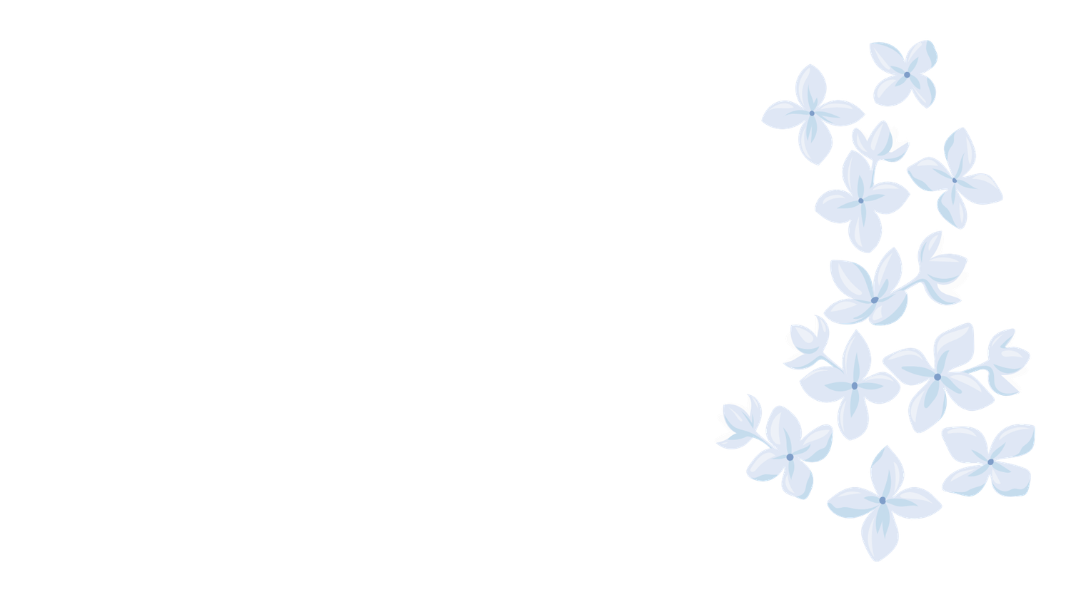 Soft blue flowers scattered on white background with open space on the left for text.