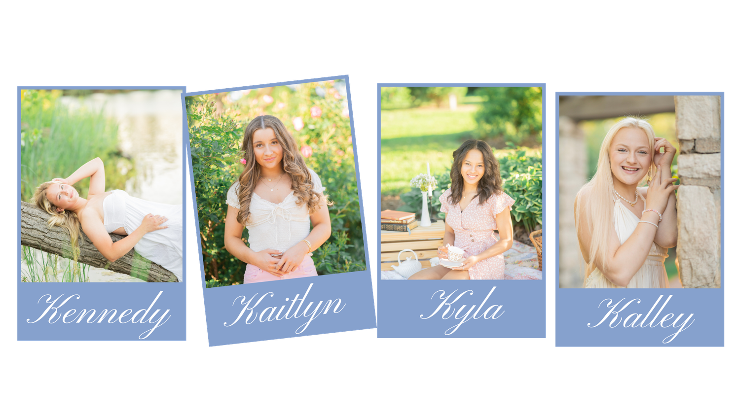 Four senior portrait photos of Kennedy, Kaitlyn, Kyla, and Kalley with blue script name labels.