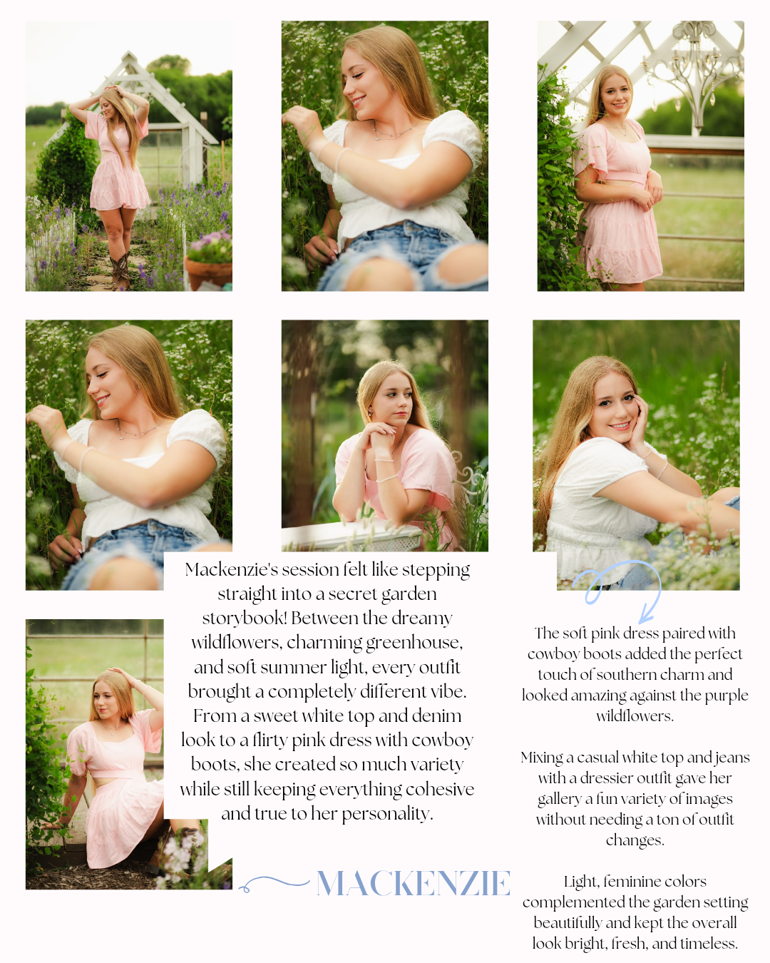 Blonde teen girl poses in pink dress and cowboy boots among purple wildflowers near a white greenhouse in soft summer light.