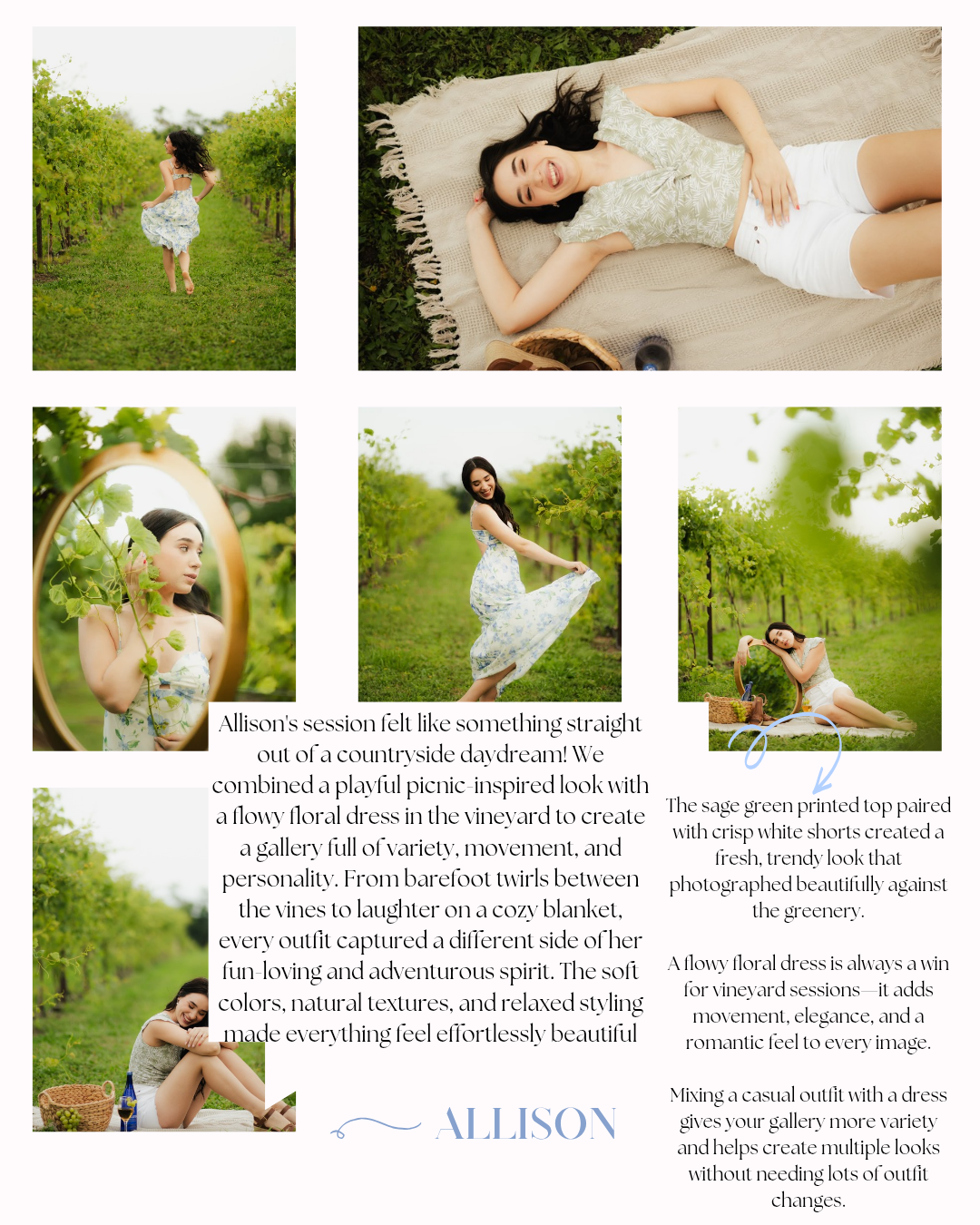 Young woman in floral dress poses gracefully in a sunlit vineyard, lying on a blanket surrounded by lush green vines.