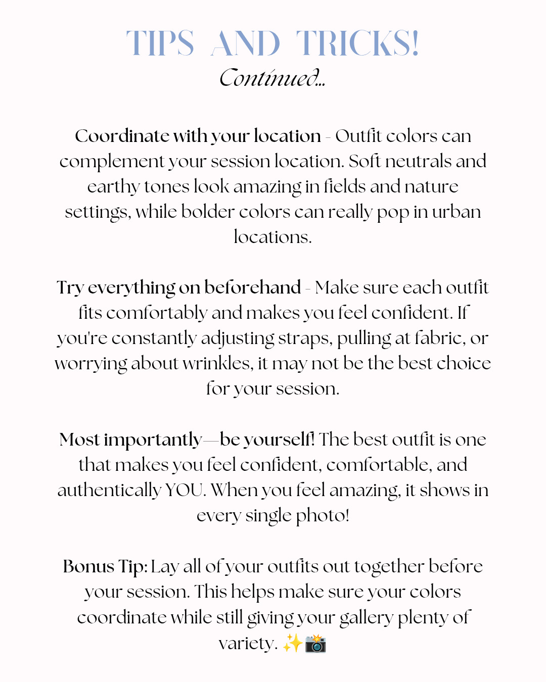 Tips and tricks guide for outfit coordination in photo sessions, covering location, comfort, confidence, and variety planning.