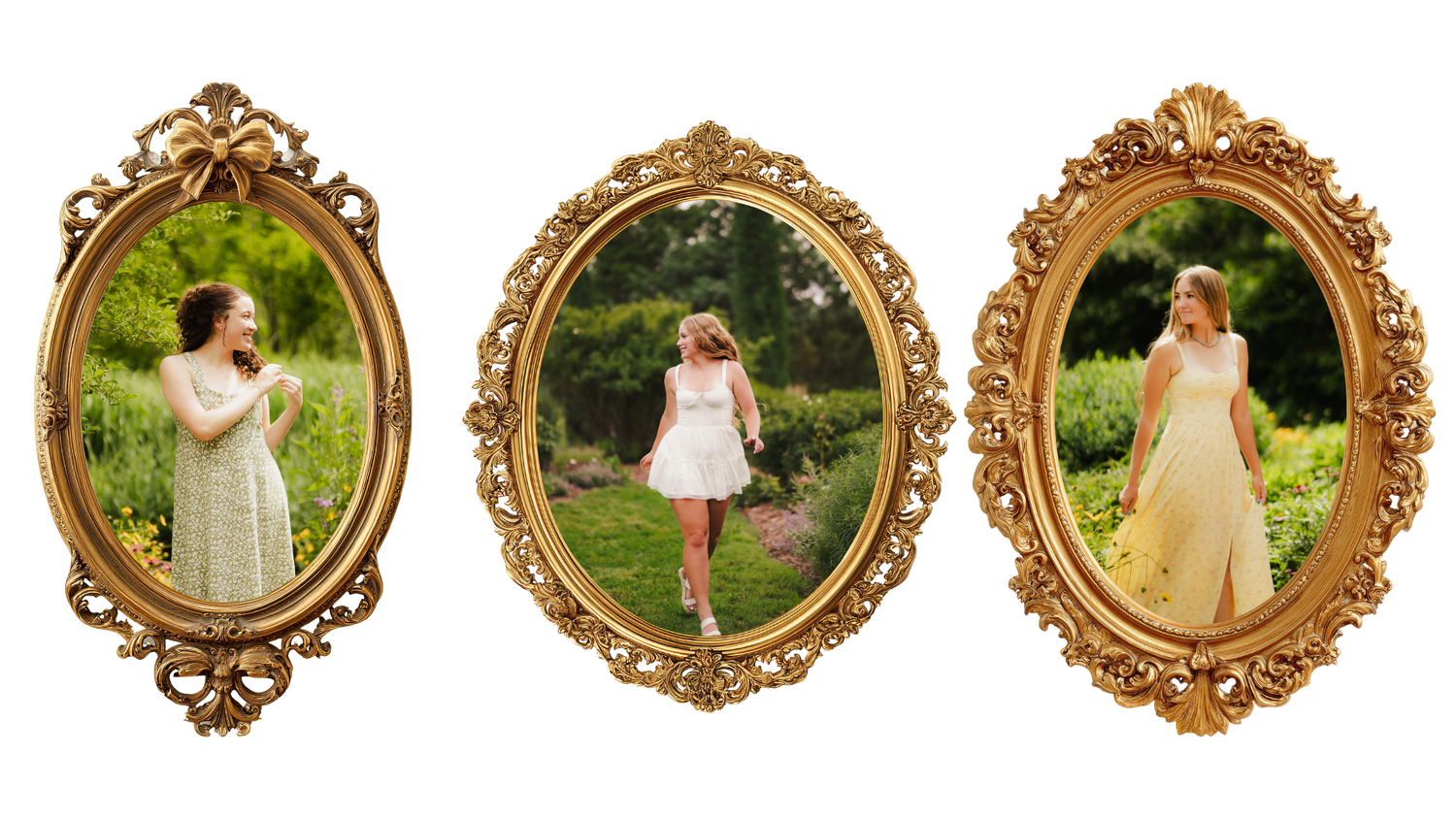Three girls in white dresses displayed in ornate gold oval frames in a garden setting.