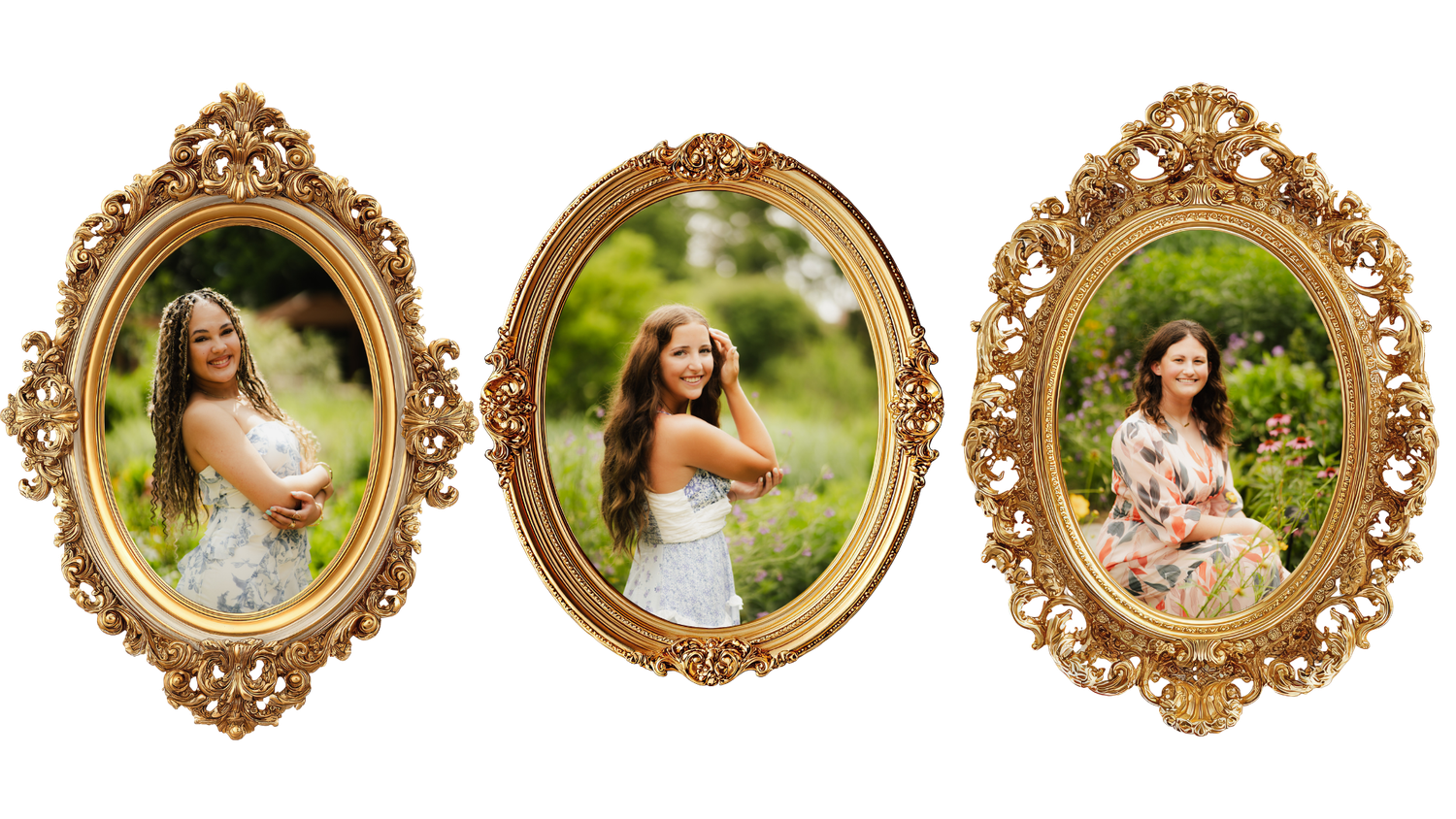 Three decorative gold baroque oval frames showcasing senior portrait photos of a brunette girl outdoors.