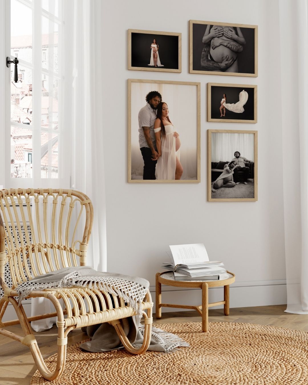 Wall art display by Denver maternity and birth photographer featuring framed studio maternity portraits in a modern home gallery.