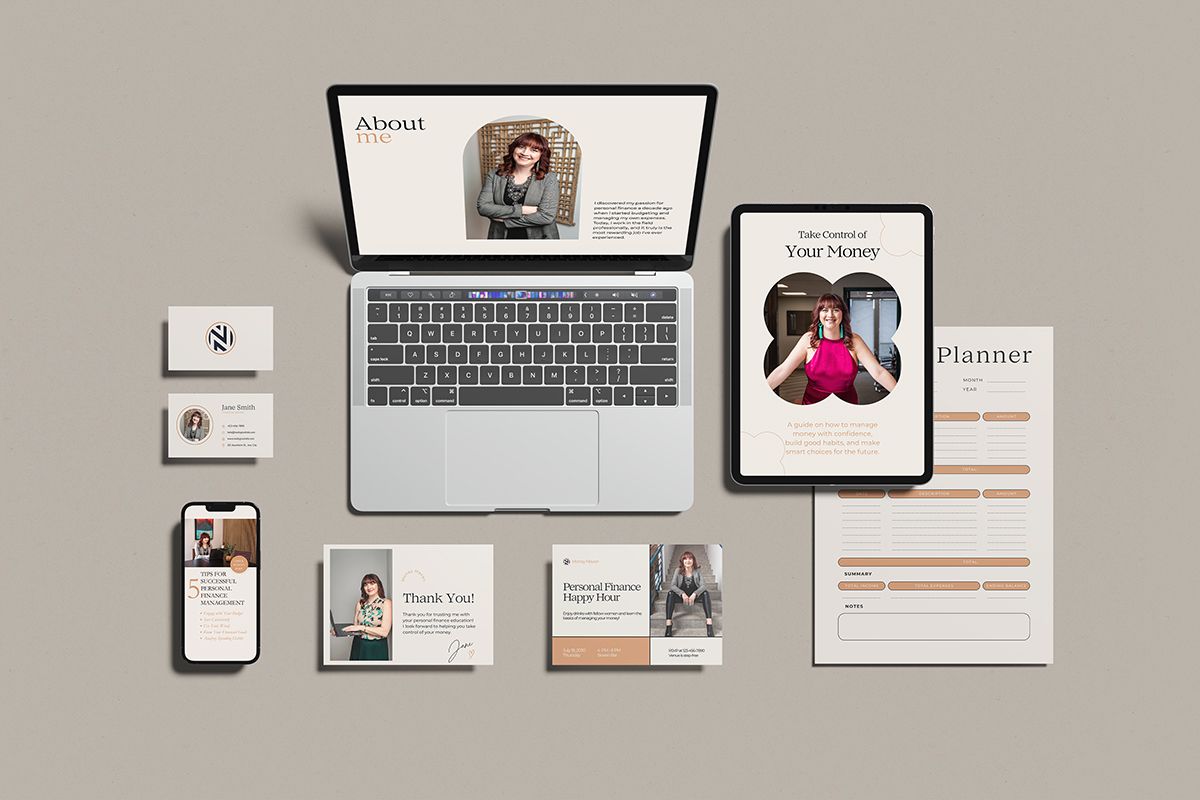 A modern business branding mockup set displays various digital devices and stationery on a neutral gray background.