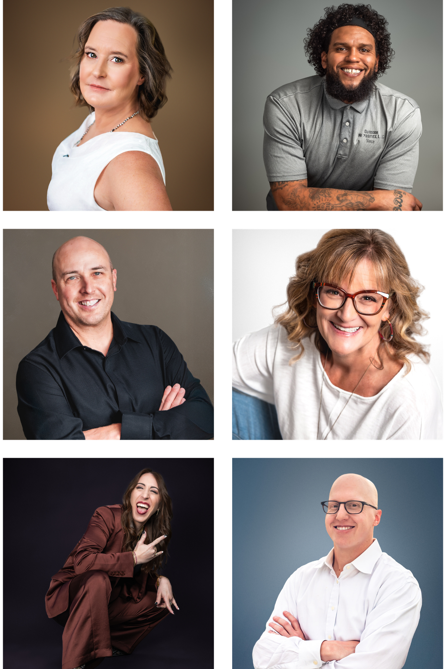 Professional headshot portraits against neutral backgrounds showcasing diverse individuals with warm expressions and confident poses.