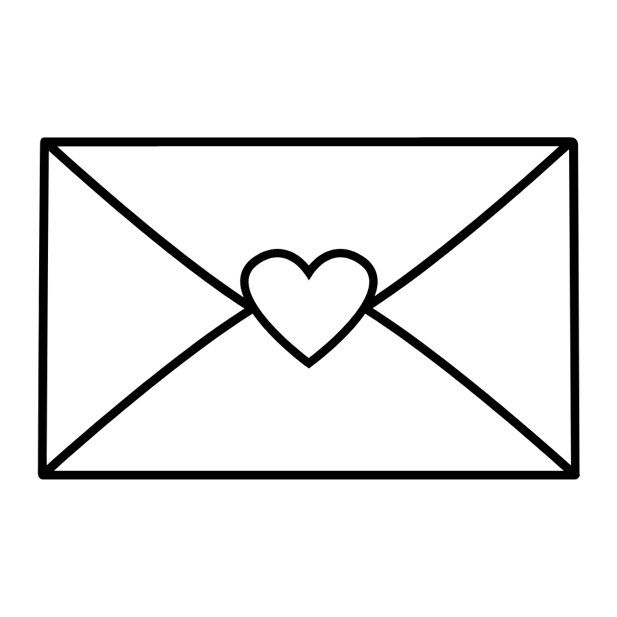 A simple black and white line drawing of an envelope with a heart seal in the center.