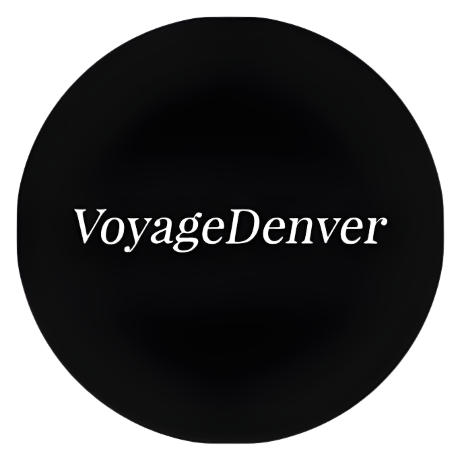 Black circular logo design with white text reading 'voyageDenver' in a modern, minimalist style.