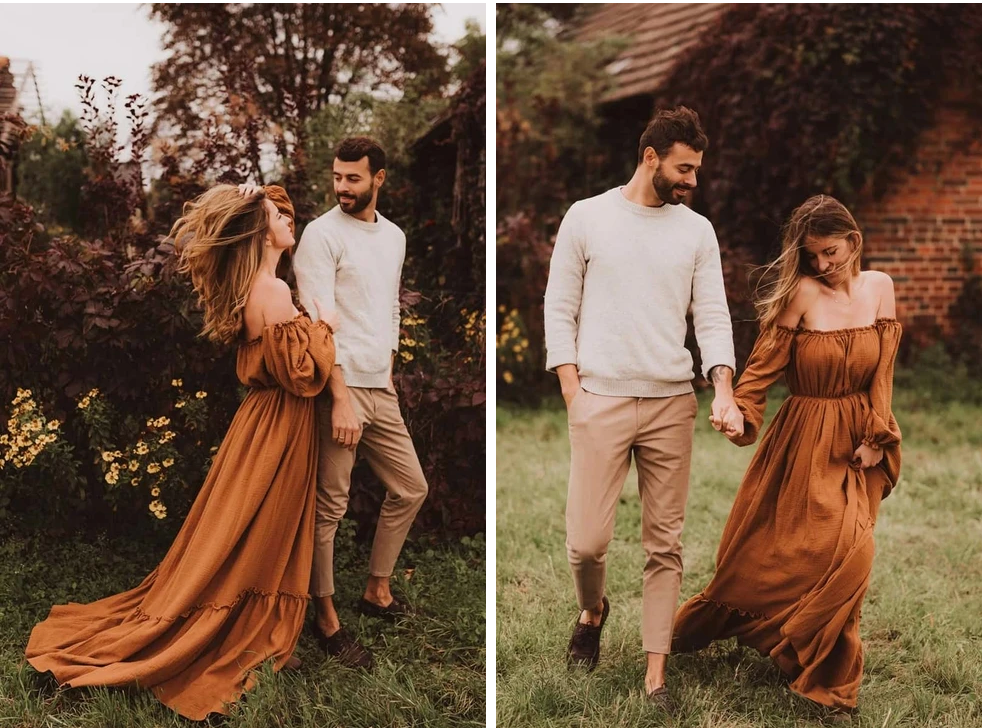 A romantic outdoor photoshoot featuring a flowing rust-colored maxi dress and casual neutral attire in a garden setting in sydney