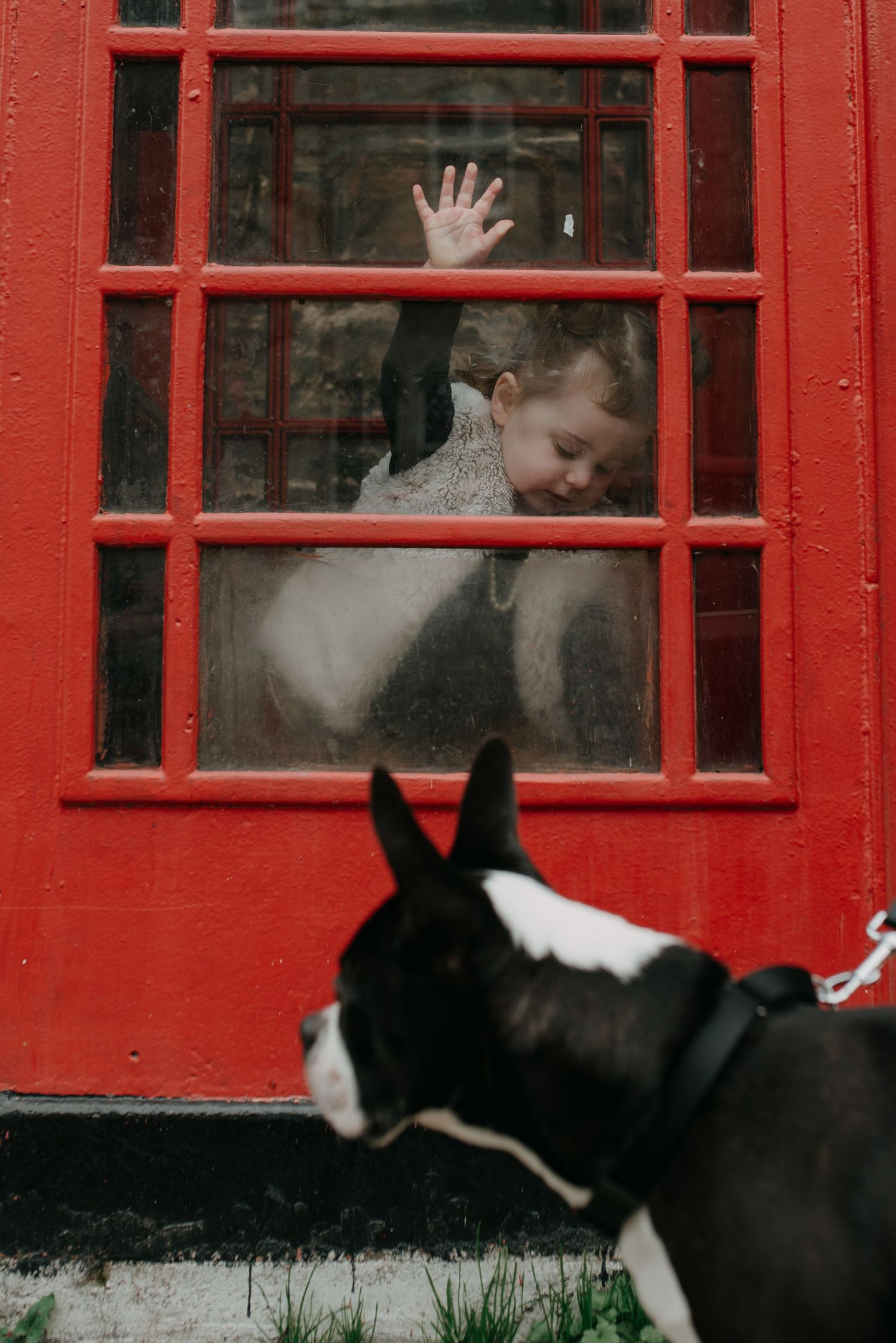 classic childhood photograph in red telephone booth during a candid family photoshoot in Edinburgh dean village