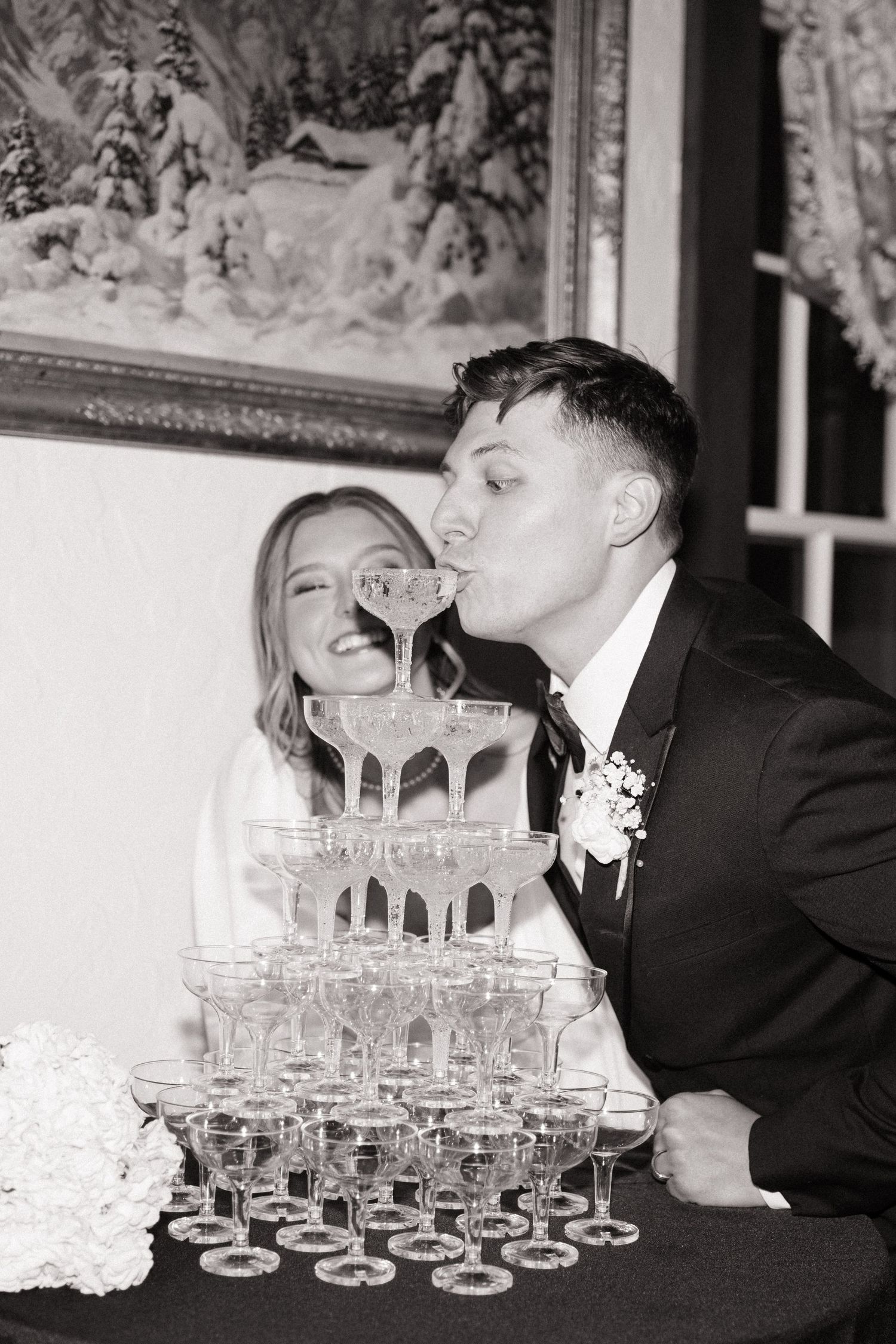 Champagne tower at a St. Louis wedding.