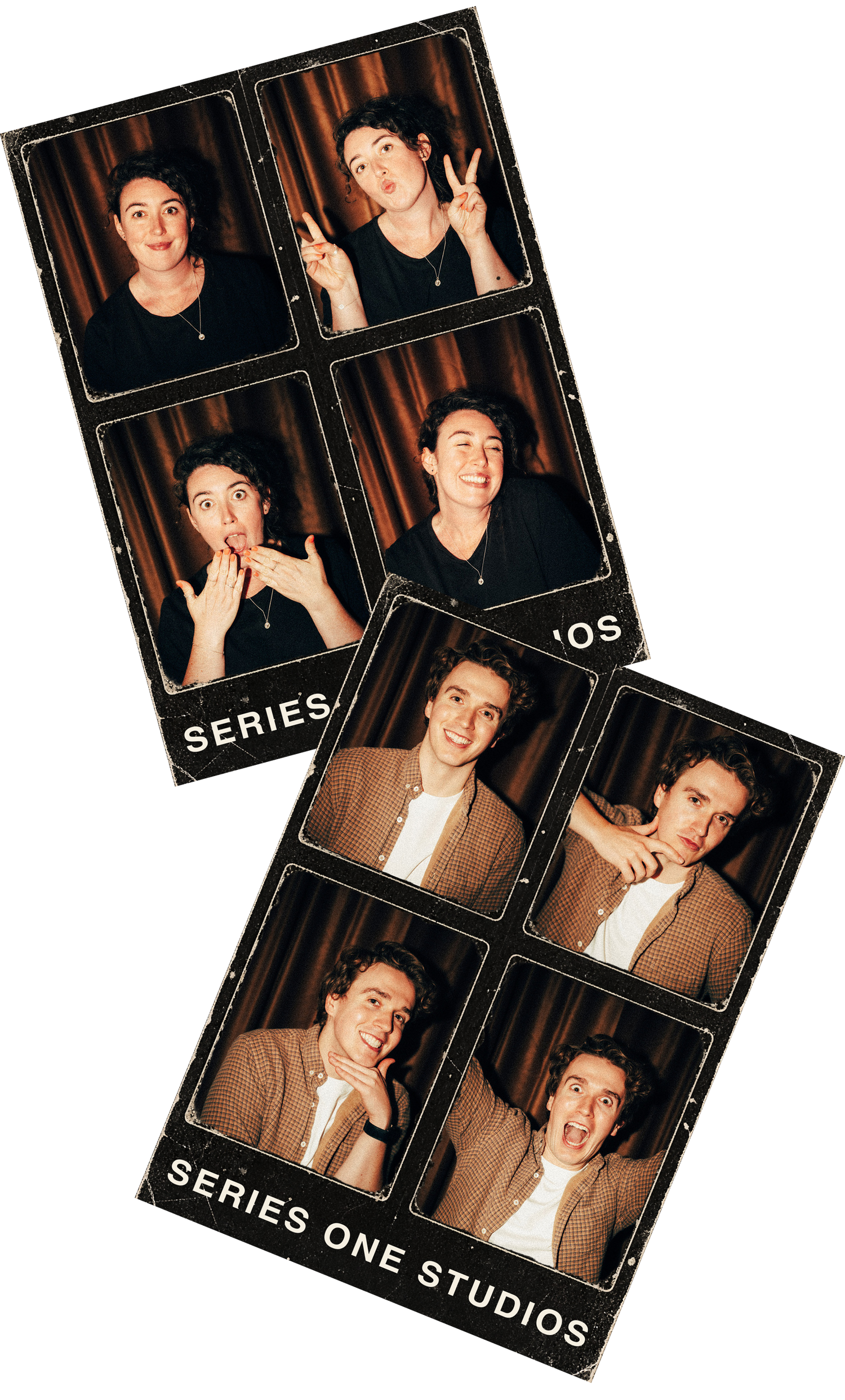 Two photo booth strips from Series One Studios featuring young people making fun poses and expressions.