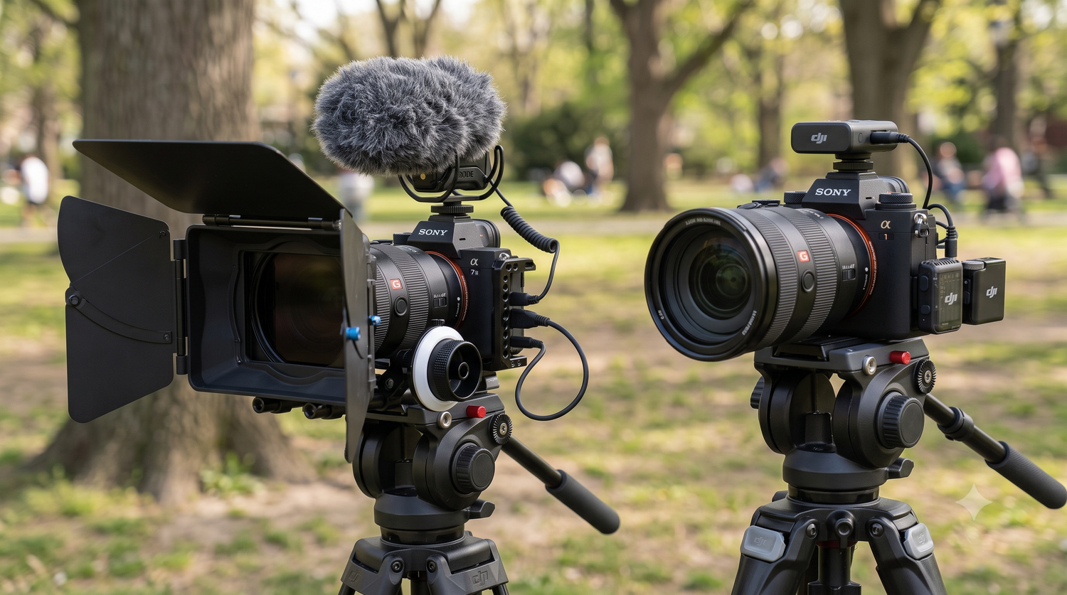Two professional video cameras on tripods set up outdoors in a park for film production. Northern ireland weddings