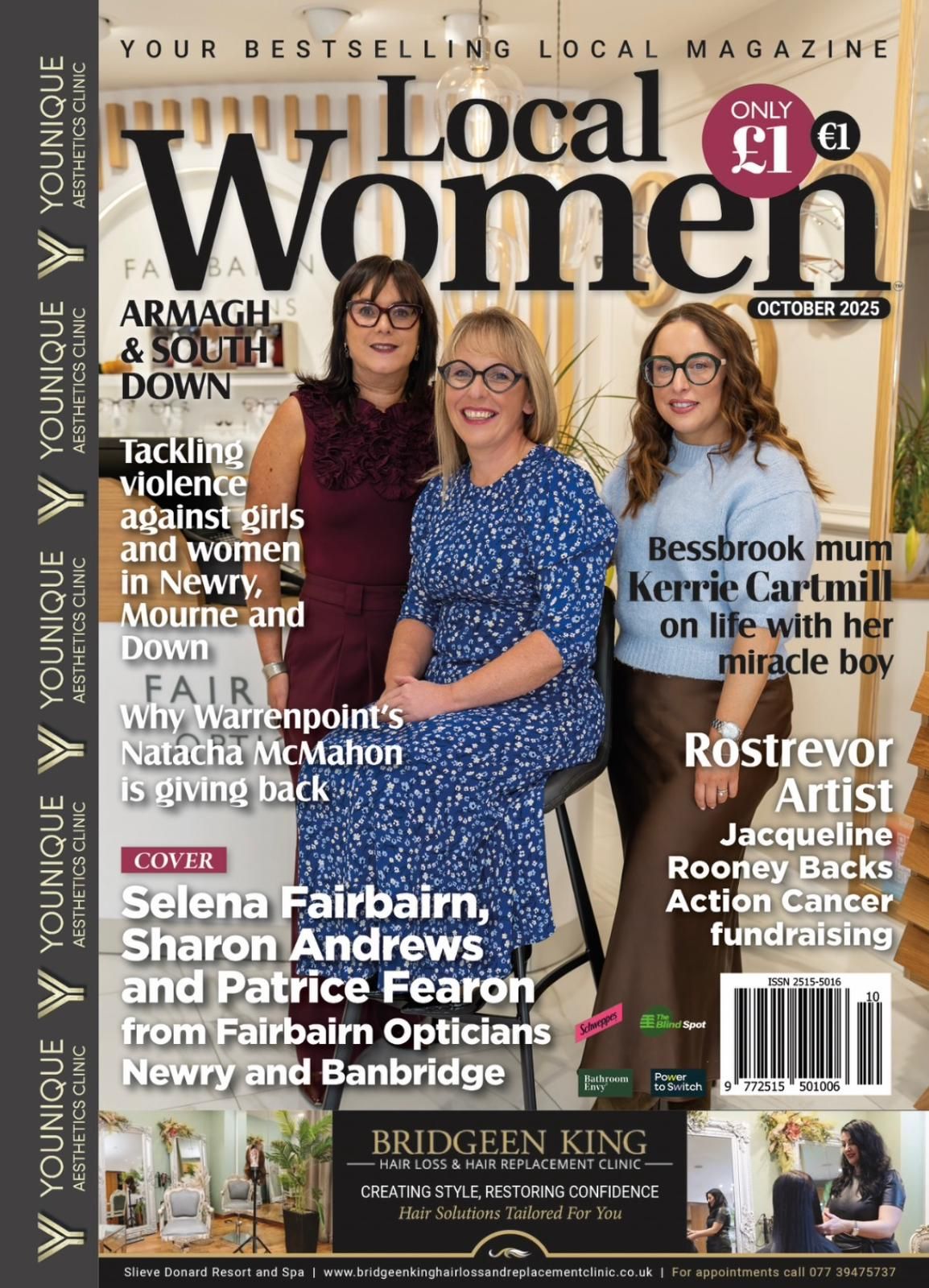 Local Women magazine October 2025 Armagh South Down cover featuring three women from Fairbairn Opticians. Dave Martin Photographer
