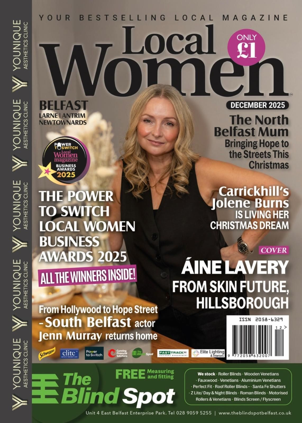 Local Women magazine December 2025 Belfast cover featuring Aine Lavery from Skin Future Hillsborough and Local Women Business Awards 2025.