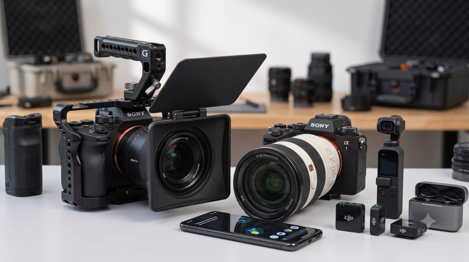 Sony mirrorless camera in a cage rig with matte box, lens, and accessories on a desk. Northern ireland weddings