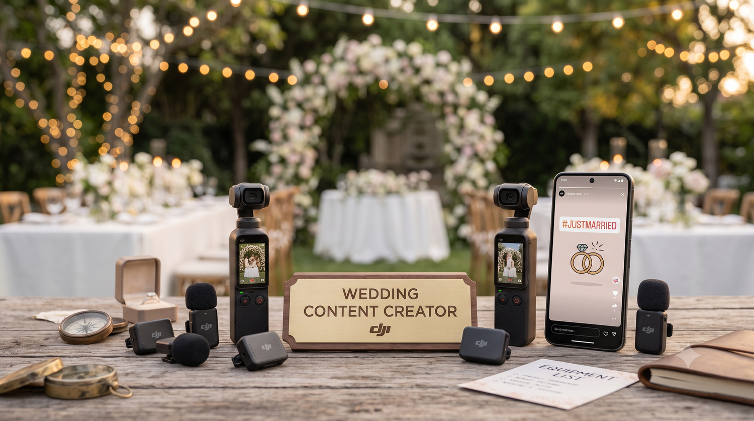 DJI Wedding Content Creator kit displayed on outdoor table with floral arch backdrop and string lights. Northern ireland weddings