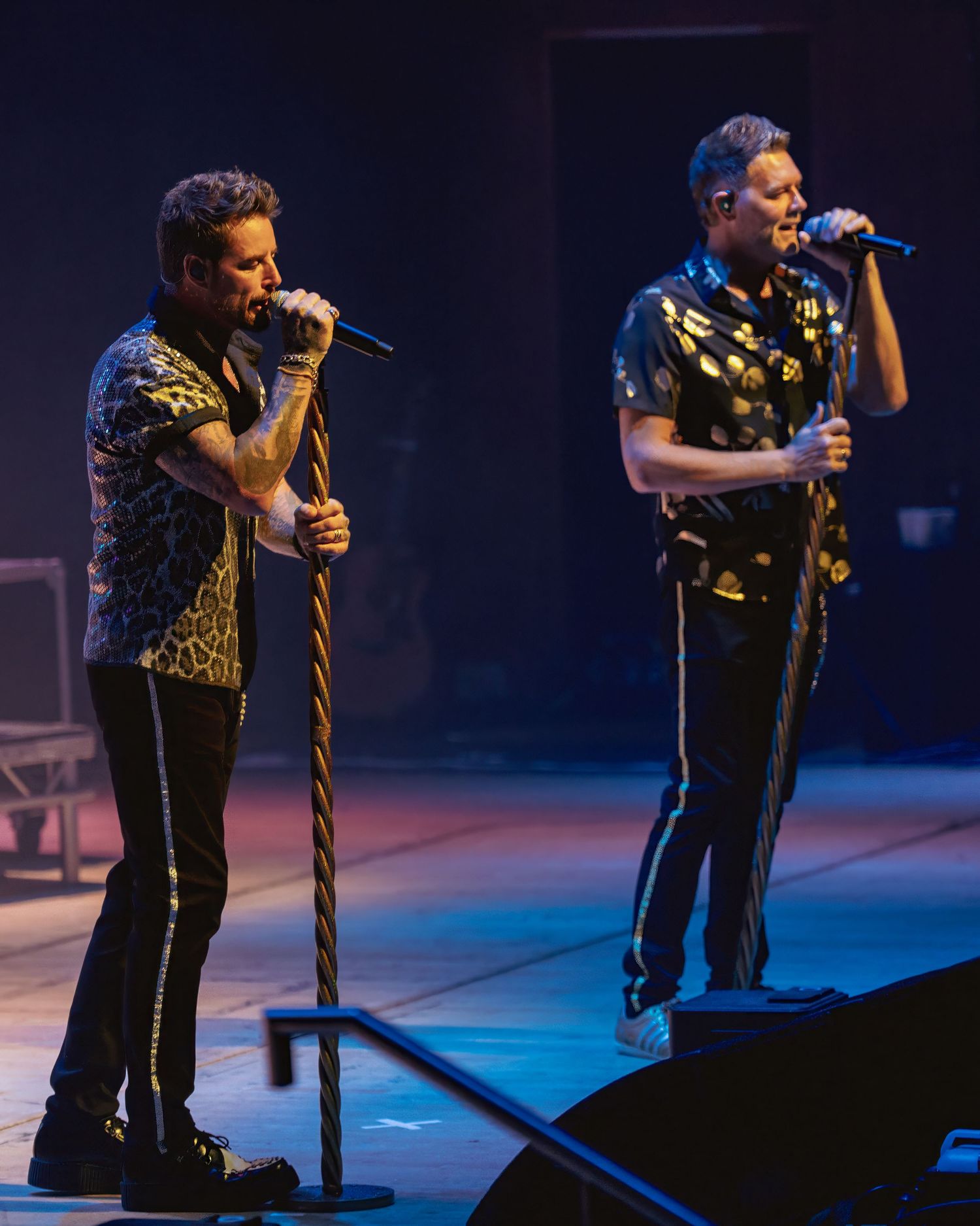 Two male singers performing together on stage wearing patterned shirts under warm concert lighting. Dave Martin celebrity Photography