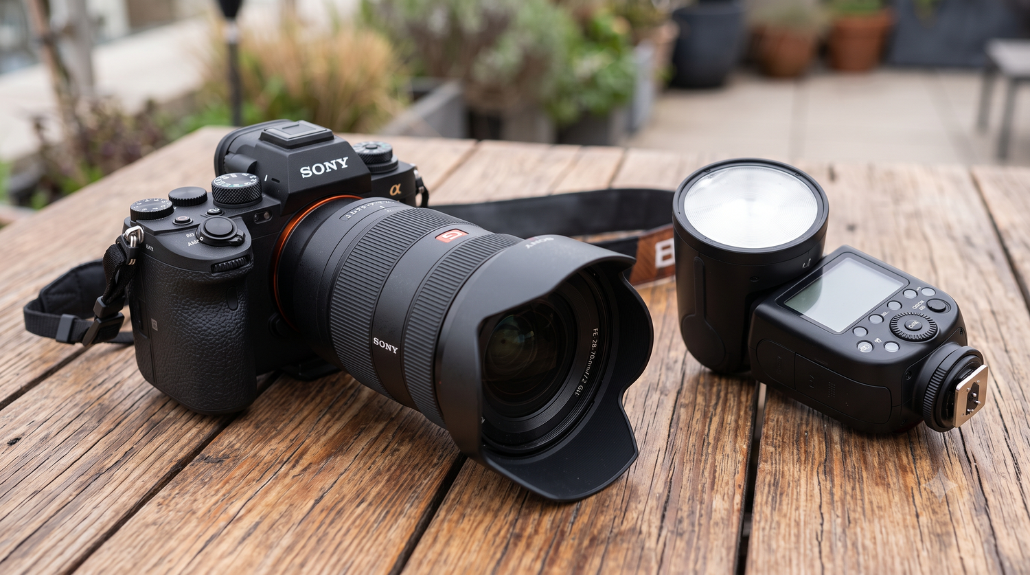 Sony mirrorless camera with wide-angle lens beside an external flash unit on a wooden table outdoors. Northern ireland weddings