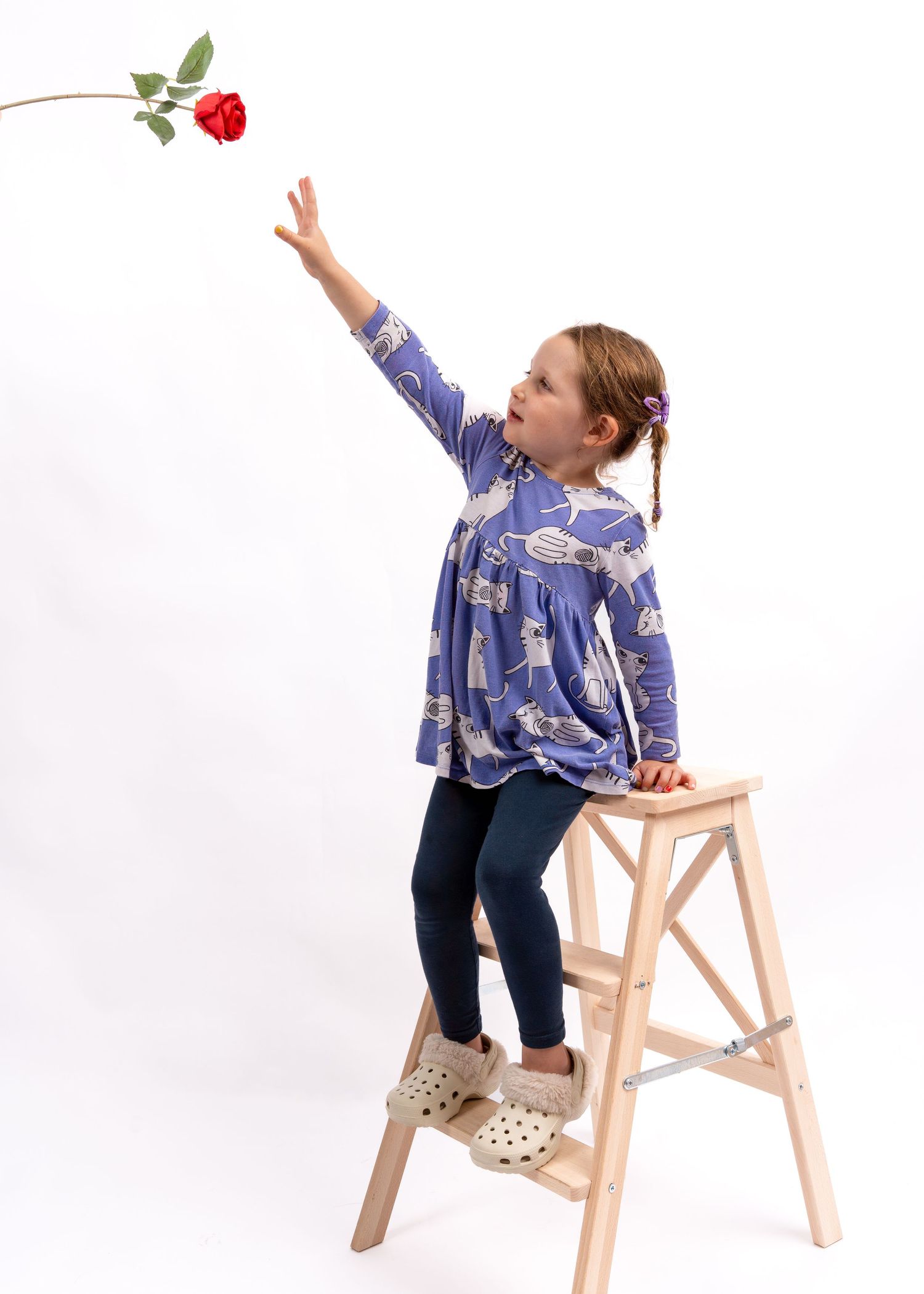 A young girl in a blue patterned dress standing on a wooden ladder tossing a red rose. Dave Martin Photography Studio Belfast