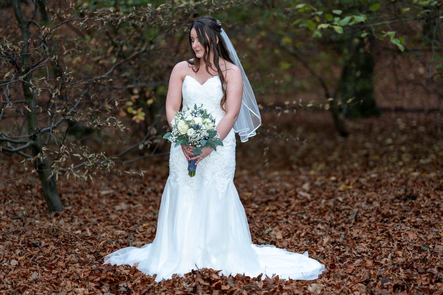Bride in fitted white lace gown with veil stands among fallen autumn leaves. Dave Martin Photographer Northern Ireland
