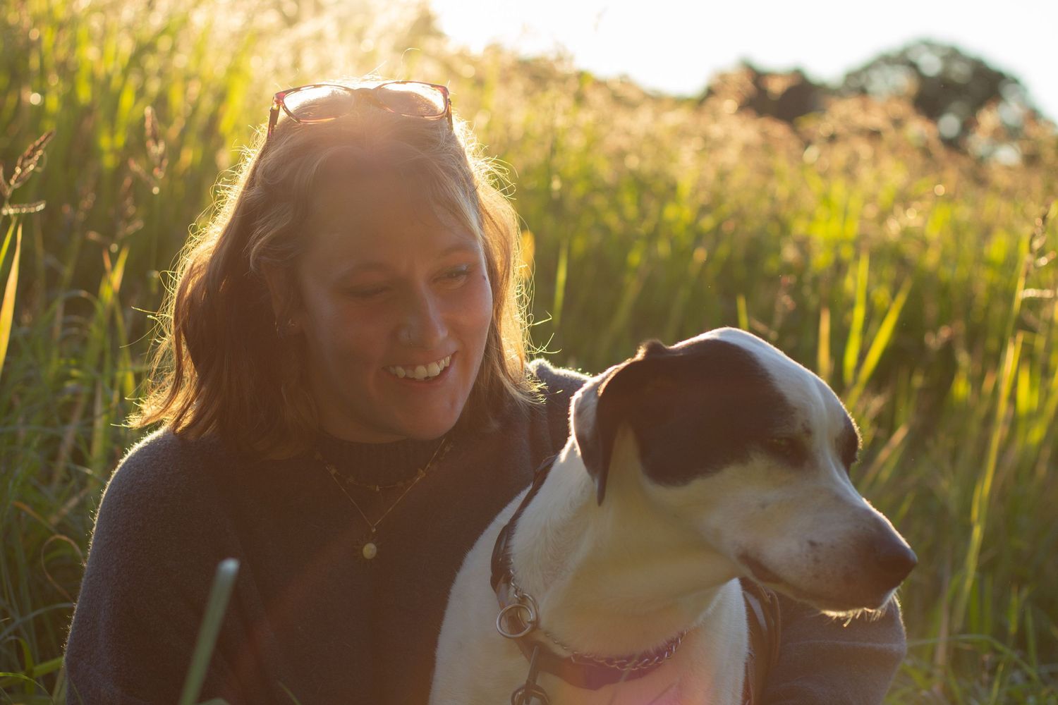 Smiling woman sitting beside black and white dog in sunlit golden grass field.