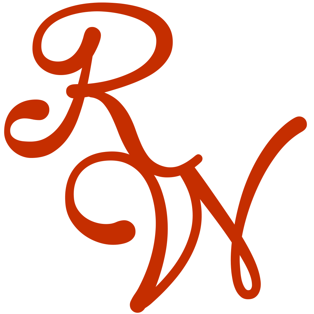 Elegant red cursive RN monogram logo design on white background for wedding branding.