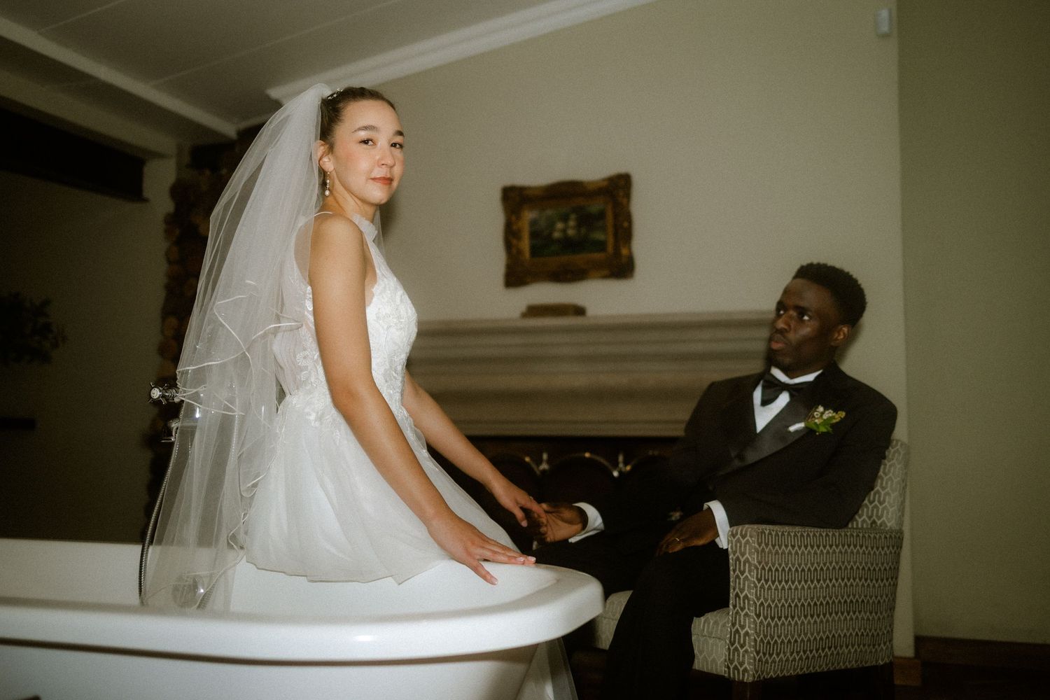 Wedding photography by Crimson and Vow showing a bride and groom hugging at a scenic wedding venue in George, Garden Route.