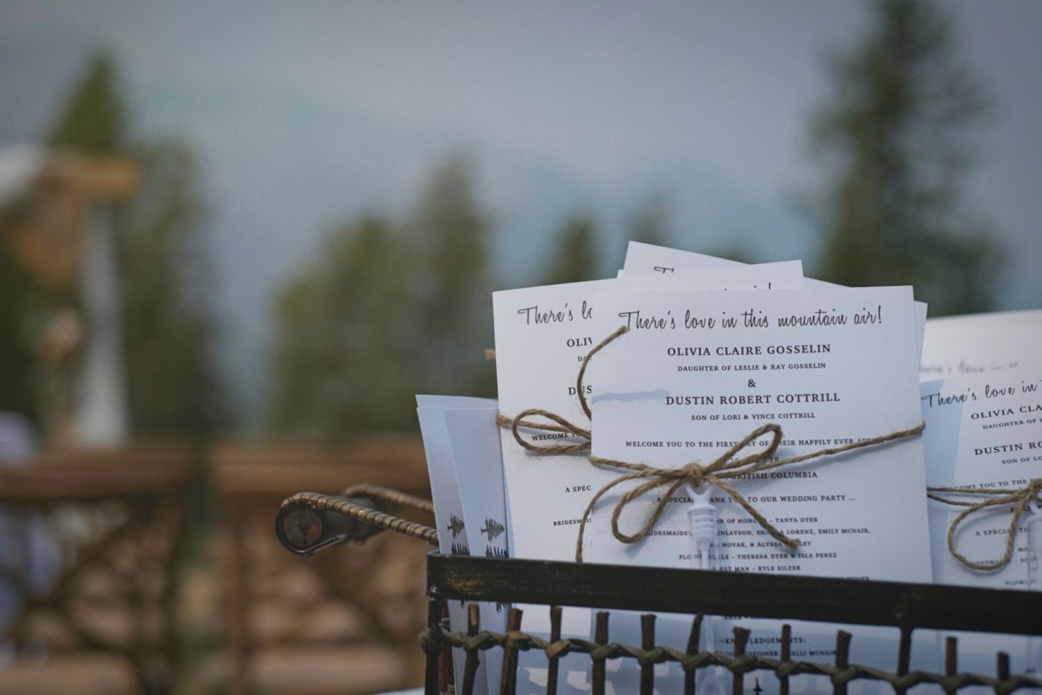 Close up shot of the wedding programs with the ceremony space in the background.