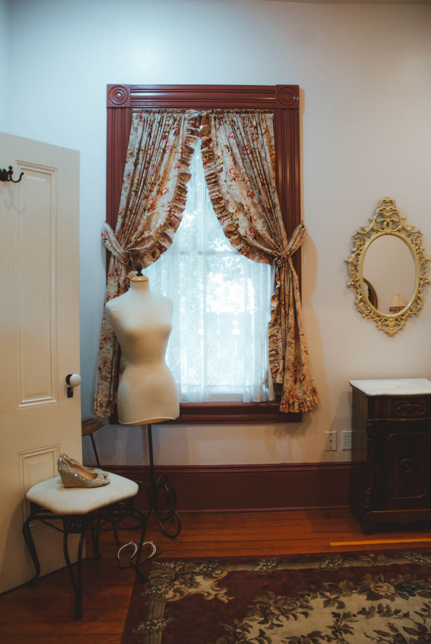 Inside the house where bridal party is getting ready for the wedding.