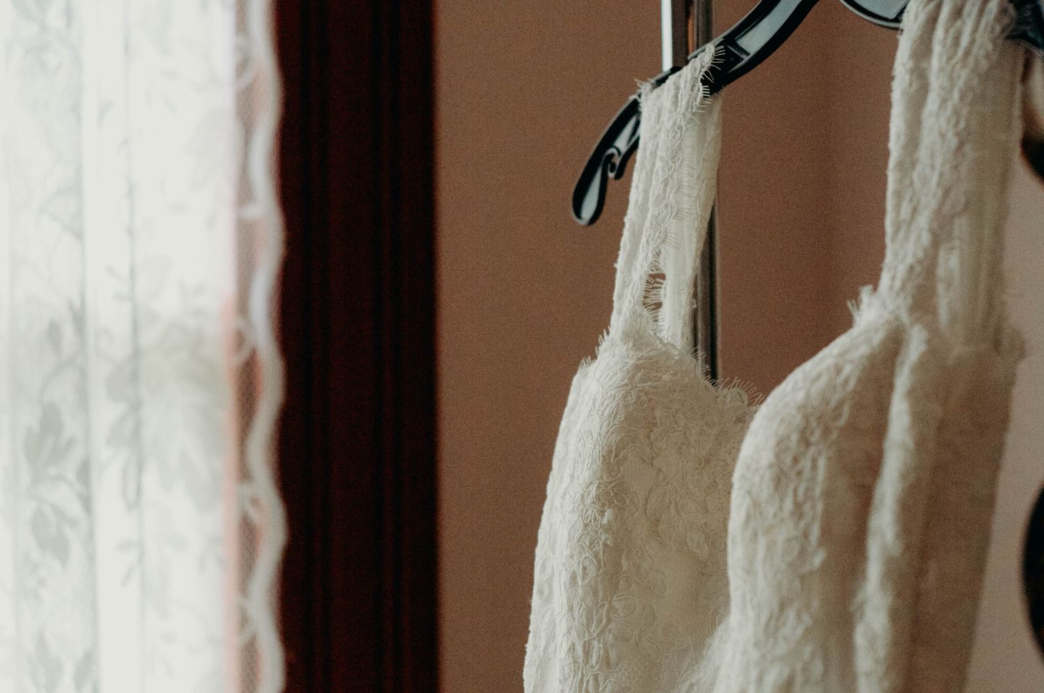 Close up of the bridal gown ahead of the wedding.