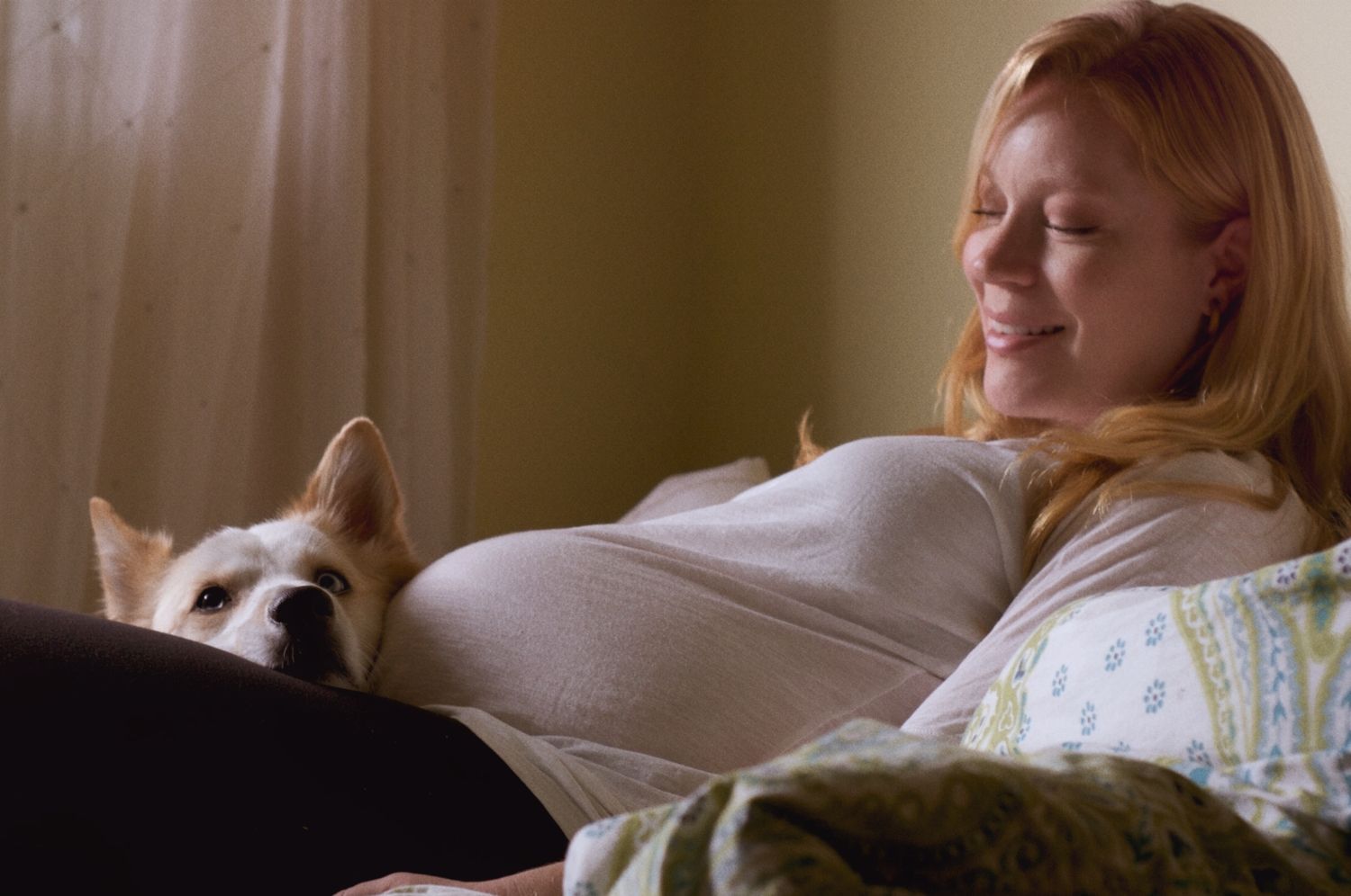 Pregnant woman smiles at dog as the dog rests its head on mom's lap while lounging in bed.