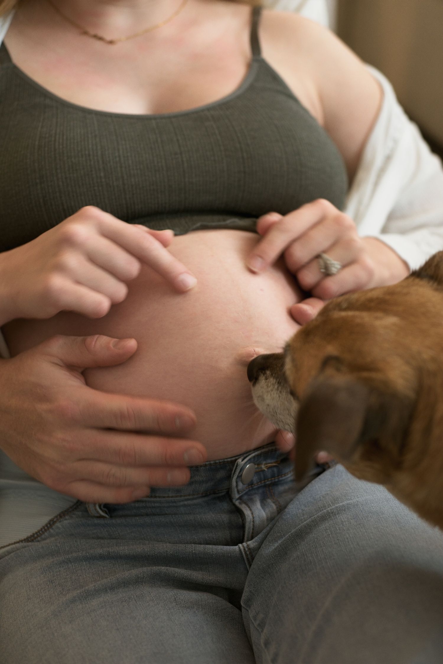 Hands pointing at pregnant belly as a dog sniffs the belly.