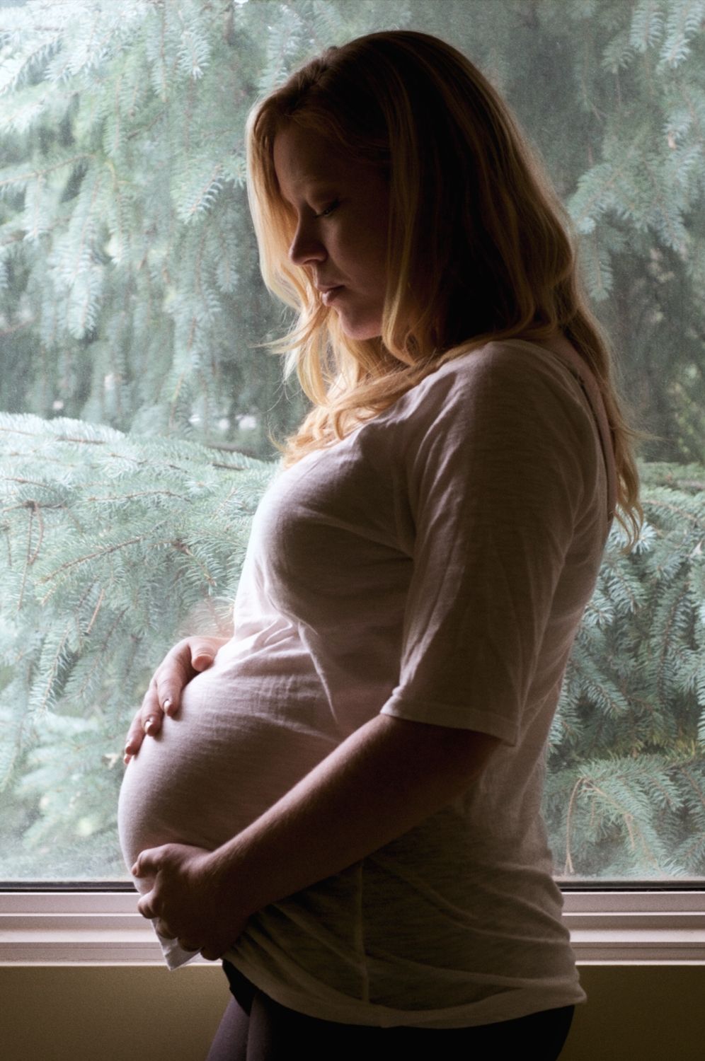 Side profiles of blonde pregnant woman who looks lovingly at her belly as she holds it, a window with a pine tree in the background.