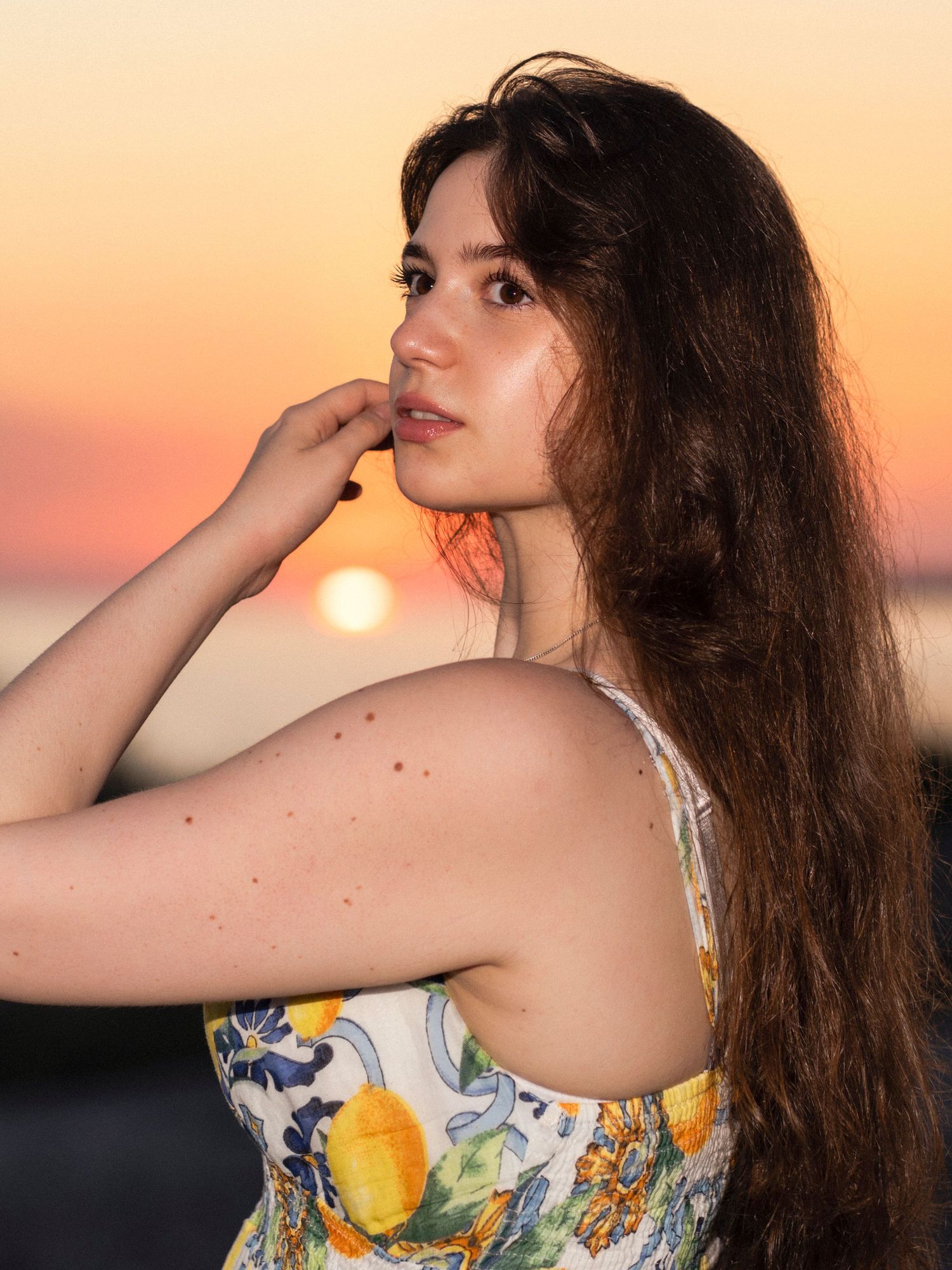 Editorial Female Portrait by Photographer Arthur Hall. 
Summer Seaside, Warm, Sunset Portrait, Golden Hour, Photographer Puglia, Italy.