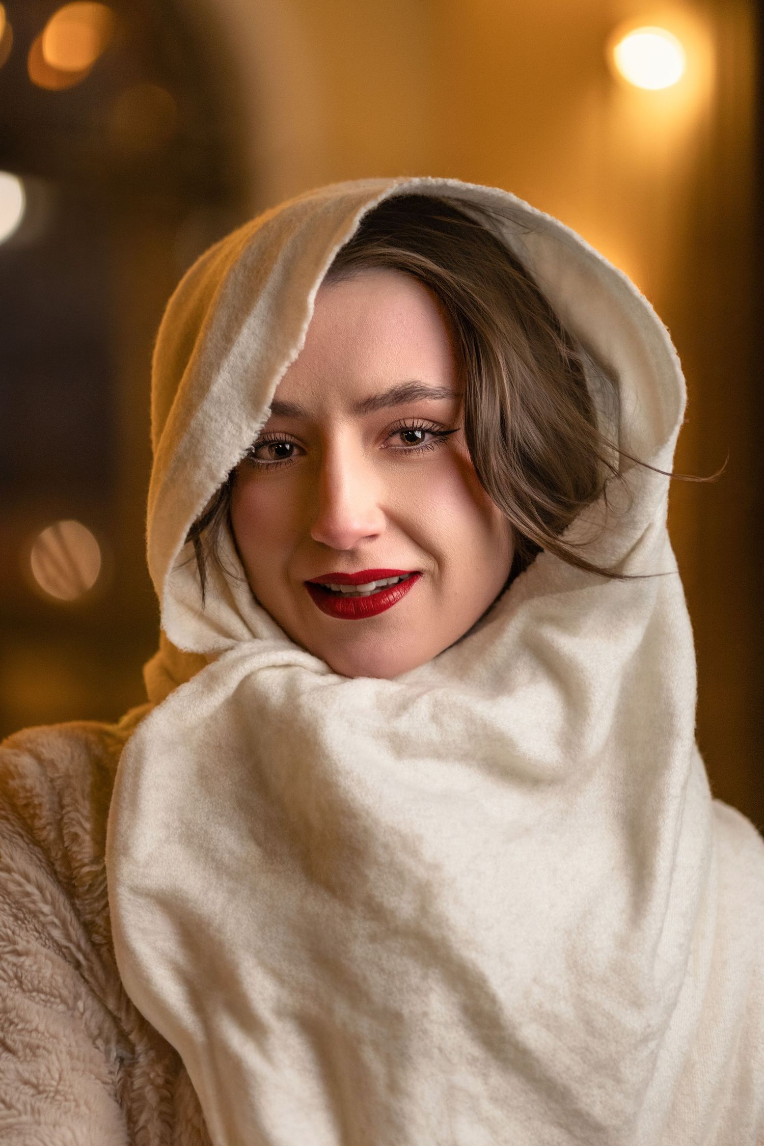 Editorial Female Portrait by Photographer Arthur Hall. 
Winter. Yellow, beige, and golden colours.