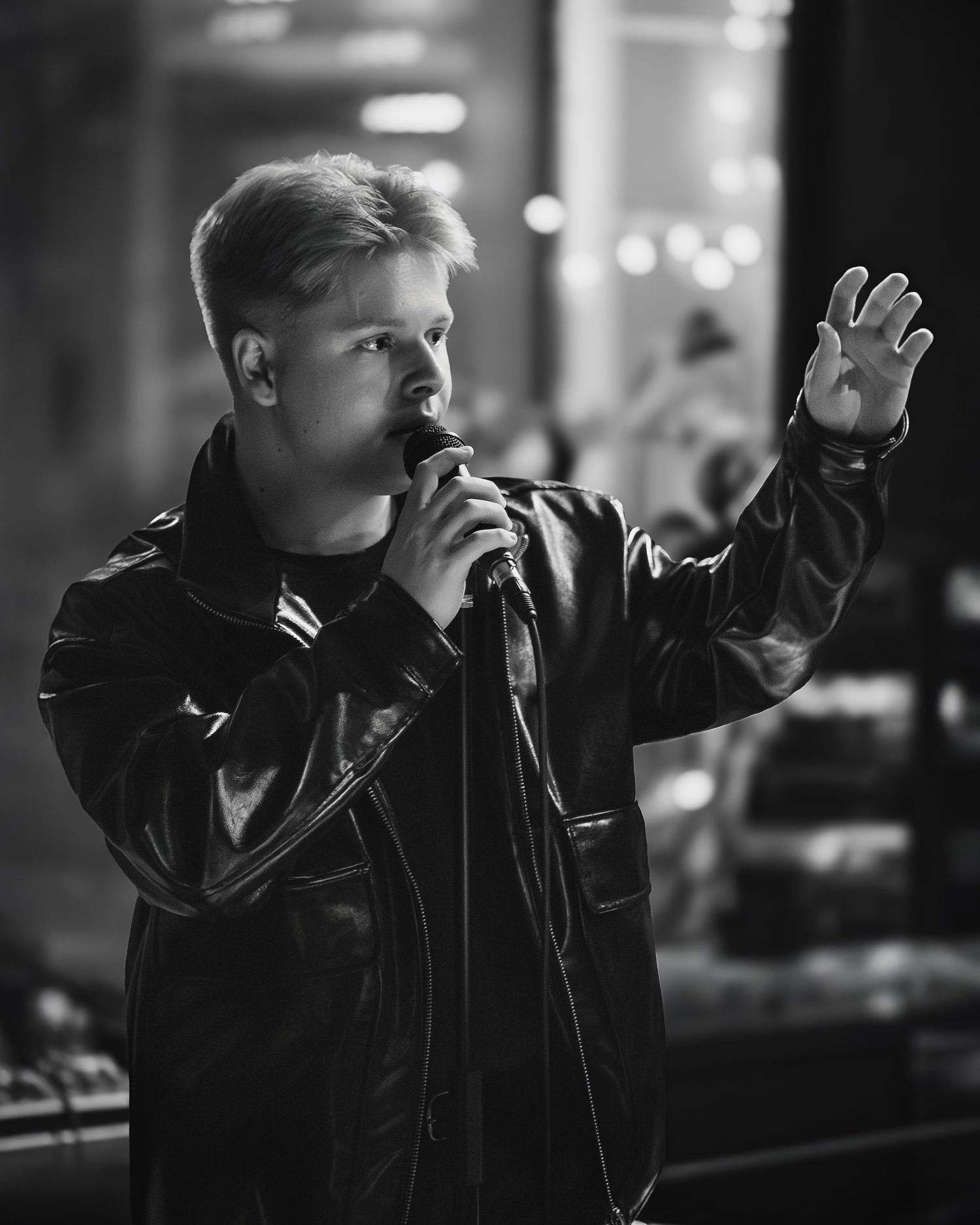 Vlad Pelykh. Portrait by Photographer Arthur Hall. 
Black and white, Male Musician, Concert Photography.